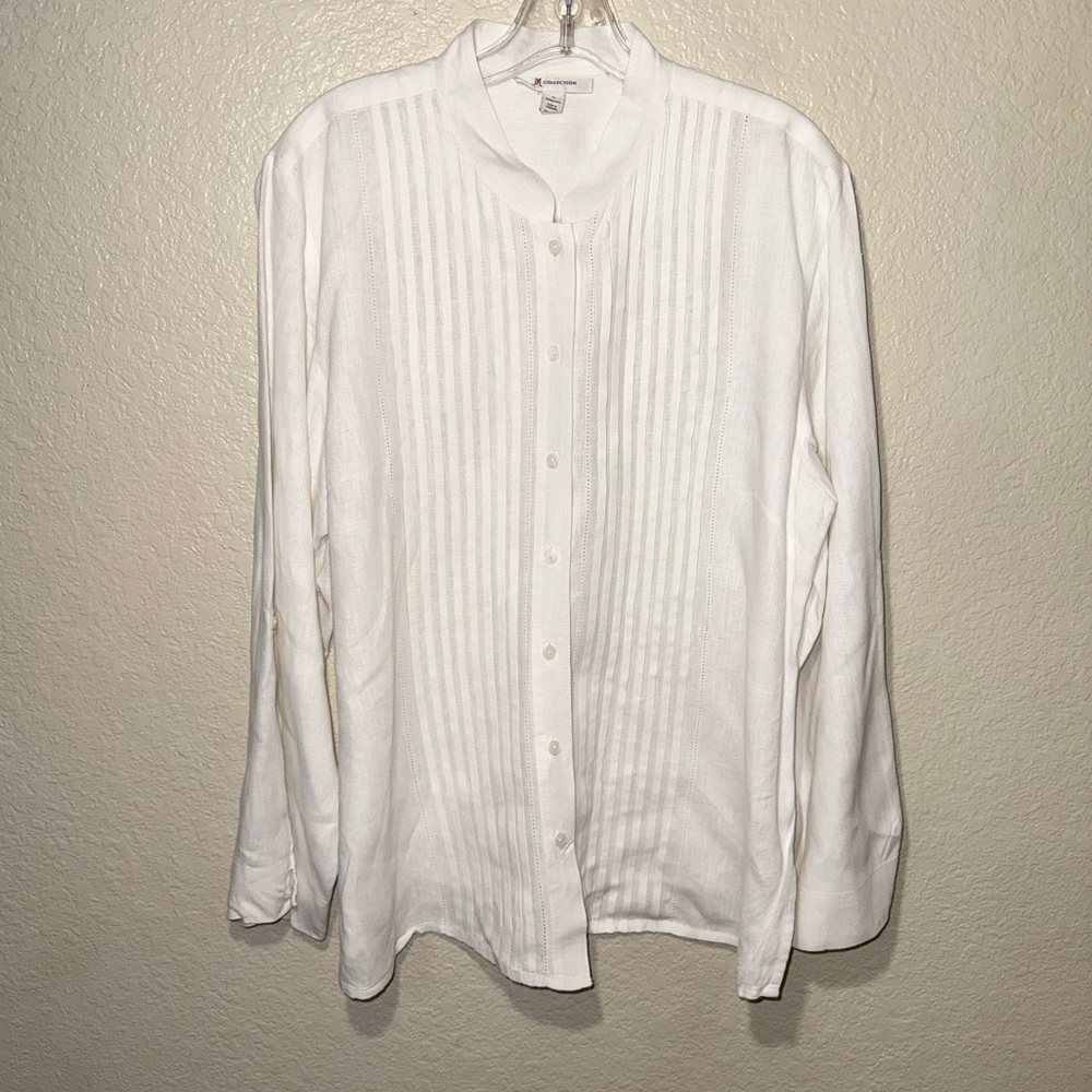 JM Collection 100% Linen White Button Front Blouse Top Women’s Size 16